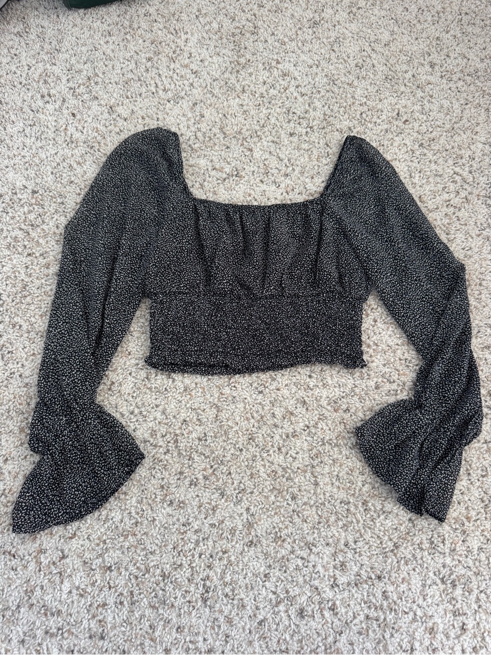 Altar'd State Black Smocked Square-Neck Crop Top with White Dot Print